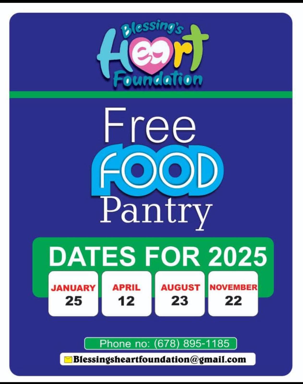 Blessings Heart Foundation Free Food Pantry dates for 2025